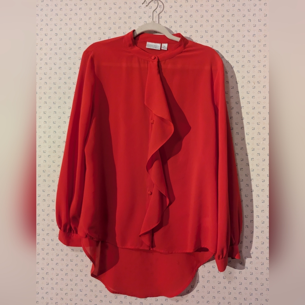 Bisou Bisou M Vibrant Red Ruffle Blouse Sheer Long Sleeves Office Pop of Red